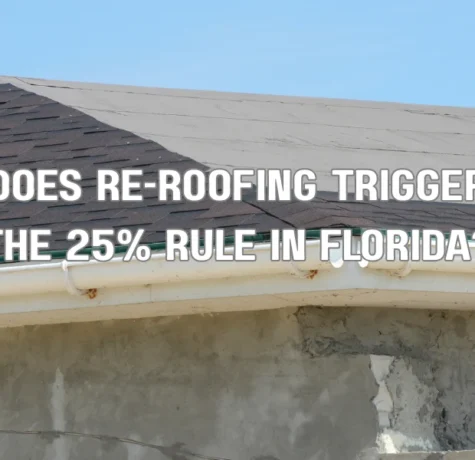 Contractor inspecting roof shingles during re-roofing evaluation related to Florida 25% roof replacement rule