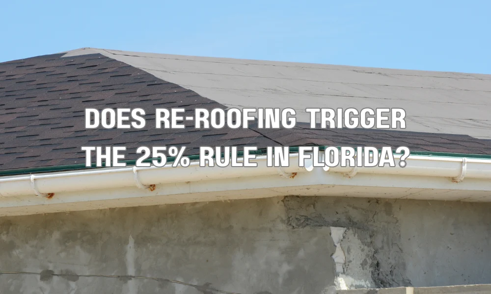Contractor inspecting roof shingles during re-roofing evaluation related to Florida 25% roof replacement rule