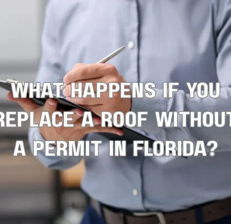 Contractor inspecting residential roof with clipboard before roof replacement permit approval in Florida