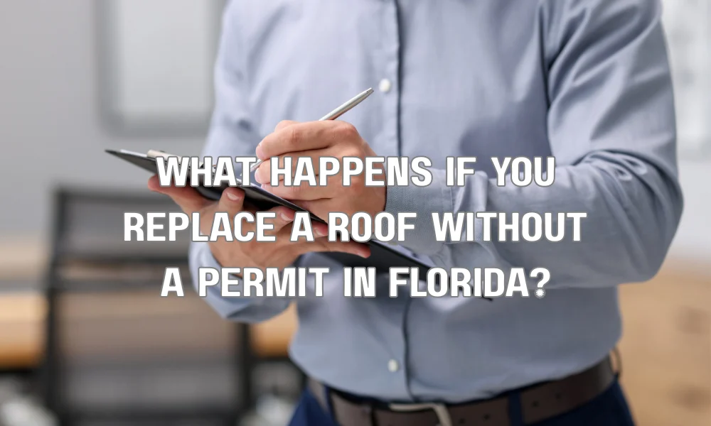 Contractor inspecting residential roof with clipboard before roof replacement permit approval in Florida