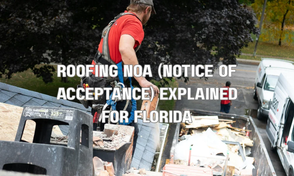 Contractor inspecting a residential roof during approval or compliance process related to Florida roofing NOA requirements