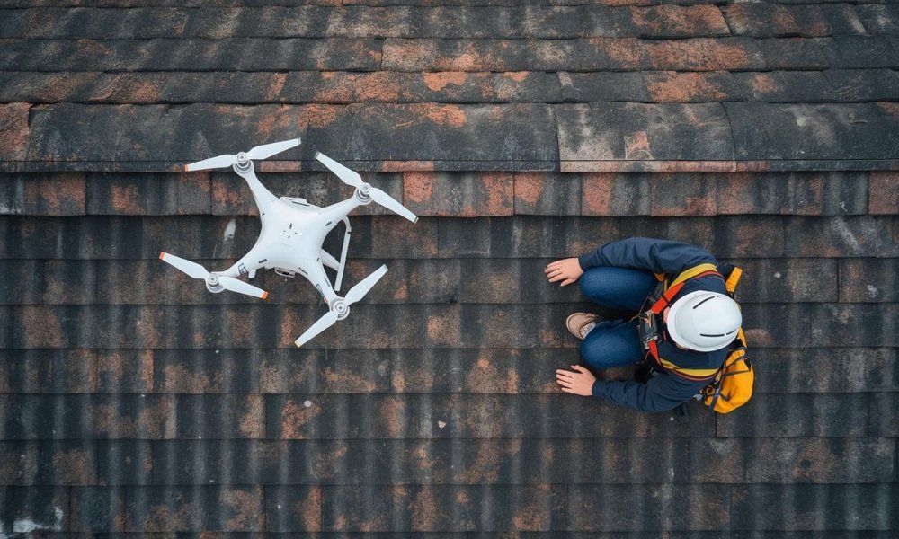 Professional roofing contractor conducting a detailed roof inspection using drone technology during a consultation.