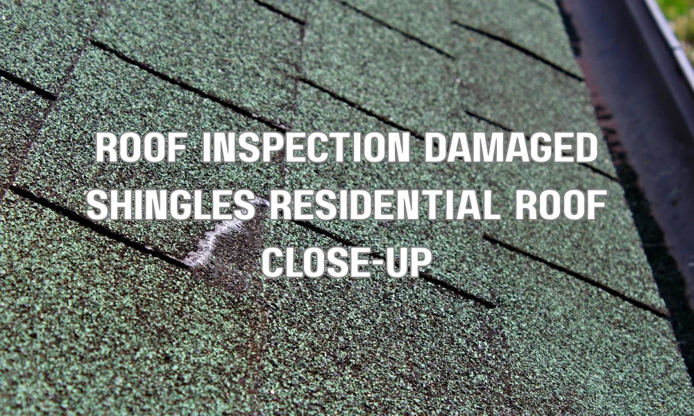 Close-up of residential roof with damaged and missing shingles during a roof inspection