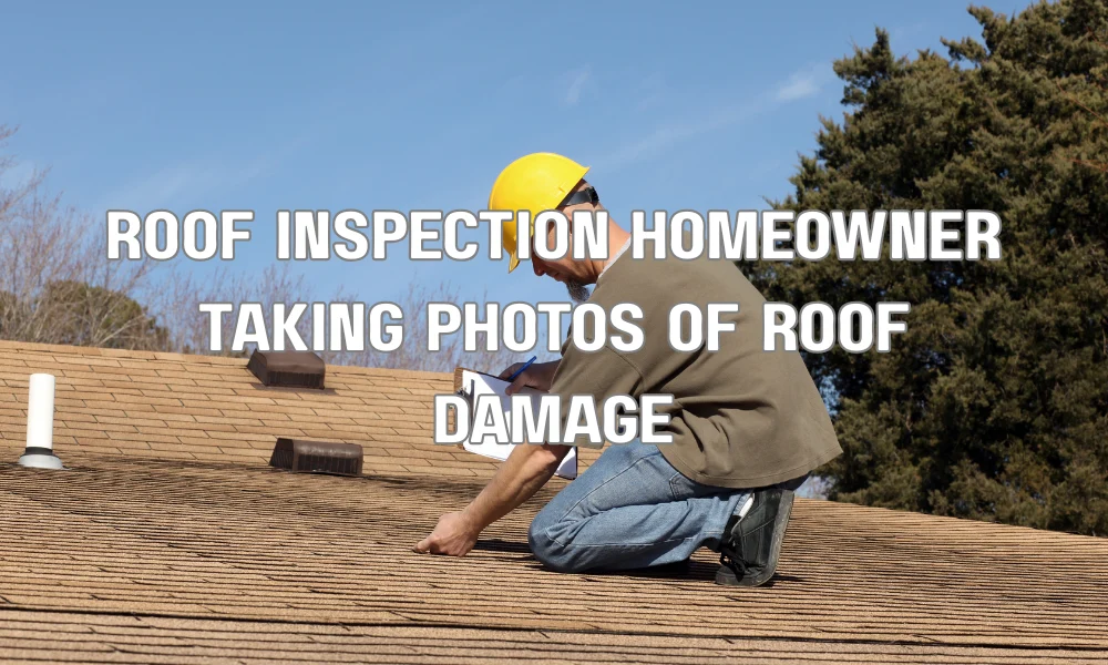 Homeowner documenting roof condition with photos during a roof inspection for insurance claim records