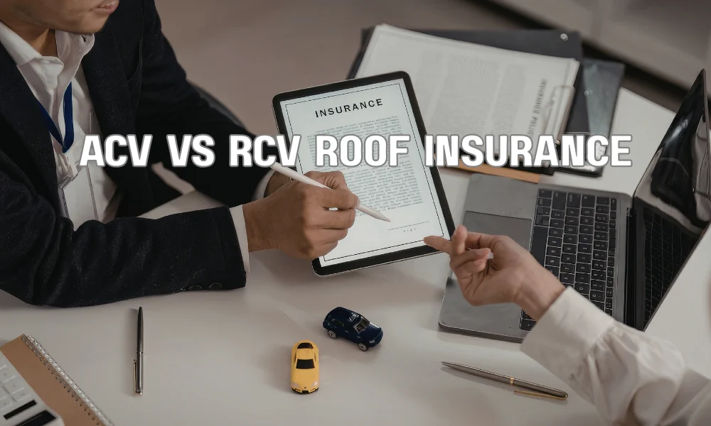 Insurance adjuster inspecting roof damage for ACV vs RCV roof insurance claim