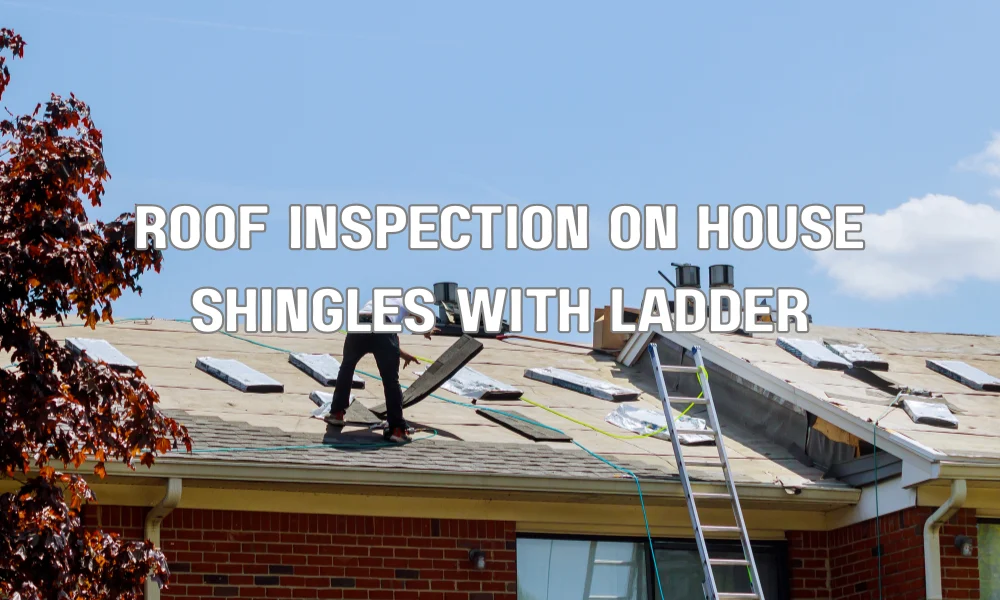 Contractor inspecting residential roof shingles and gutters while preparing a home for hurricane season.
