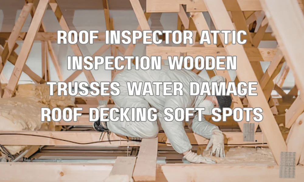 Roof inspector examining attic trusses and roof decking for water damage and structural issues