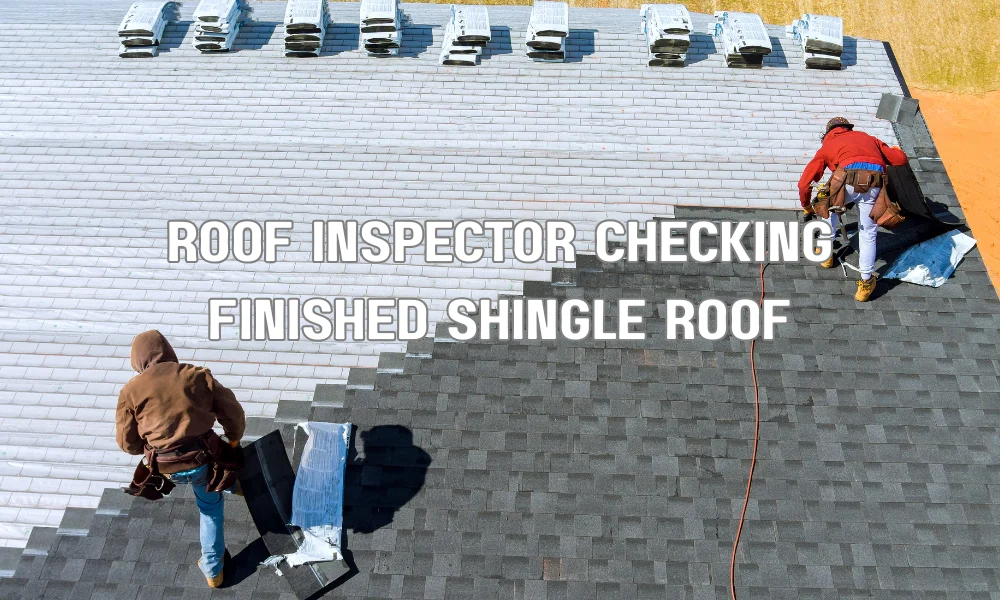 Roof inspector checking completed shingle roof installation for final inspection compliance
