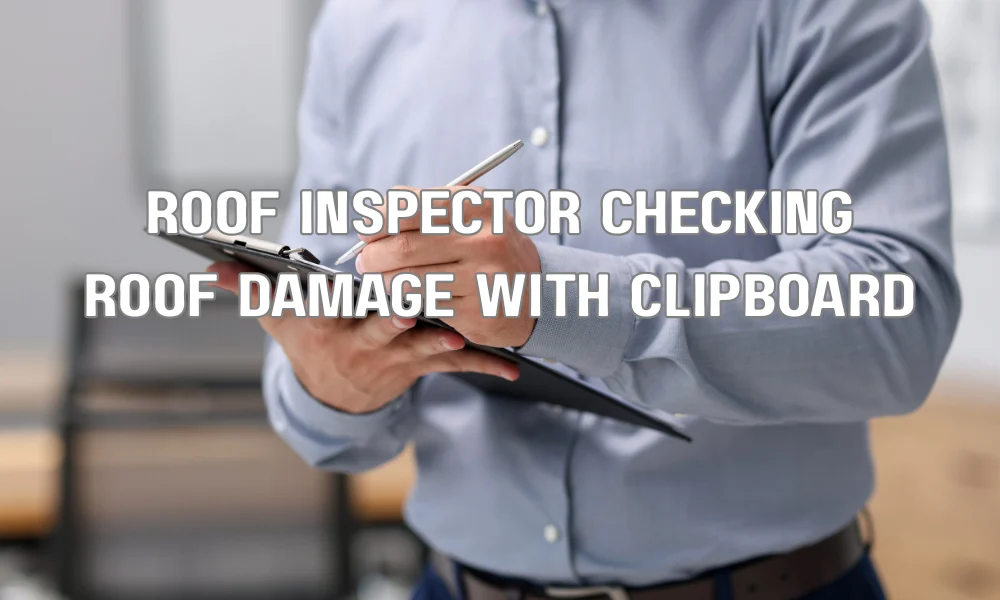 Professional roof inspector assessing roof damage and documenting findings for an insurance claim