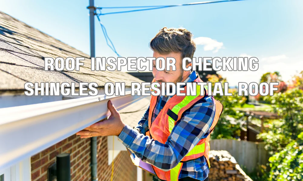 Professional roof inspector checking shingles and flashing during a residential roof inspection