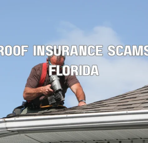 Contractor inspecting storm-damaged residential roof in Florida related to roof insurance scams