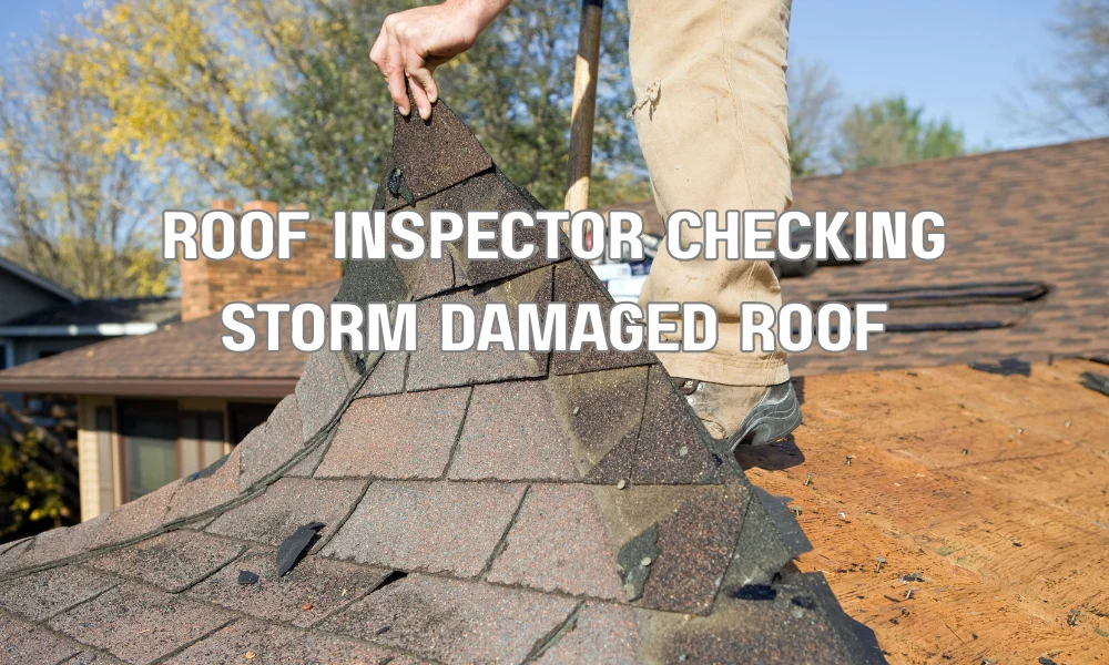 Contractor inspecting a residential roof for storm damage after severe weather