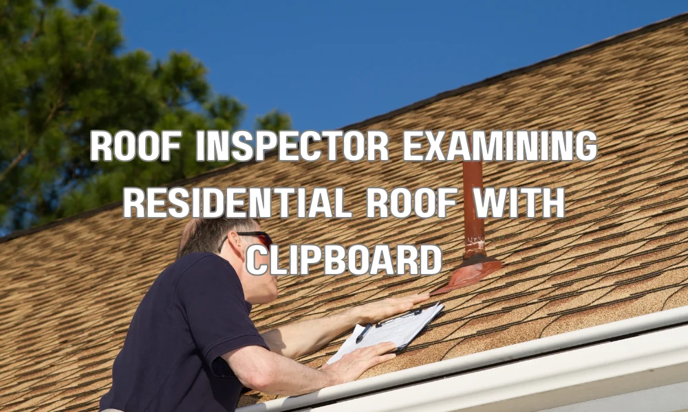 Roof inspector examining a residential roof while checking building code compliance