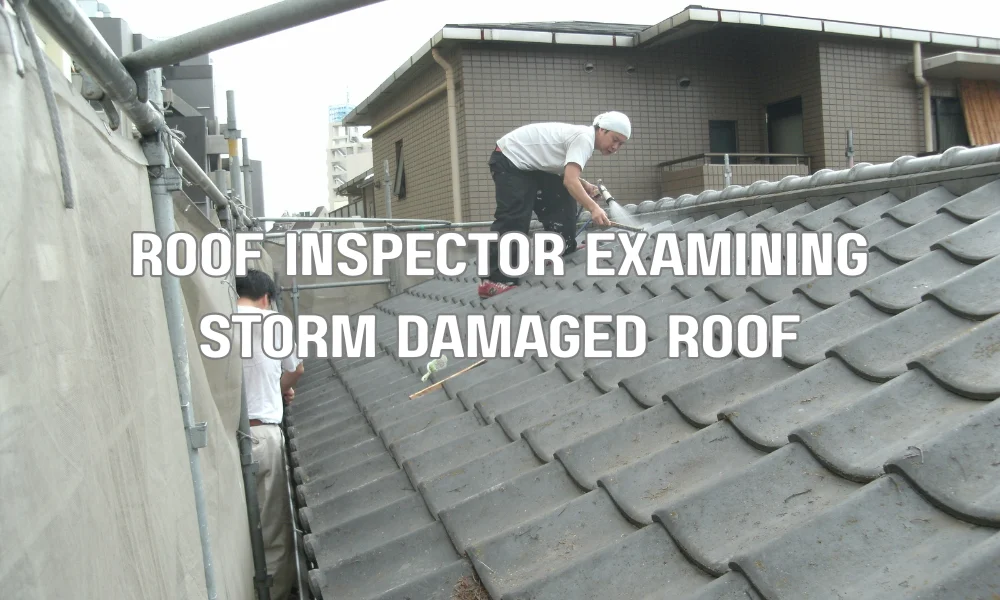 Roof inspector examining storm-damaged shingles to assess repair or full roof replacement for insurance claim
