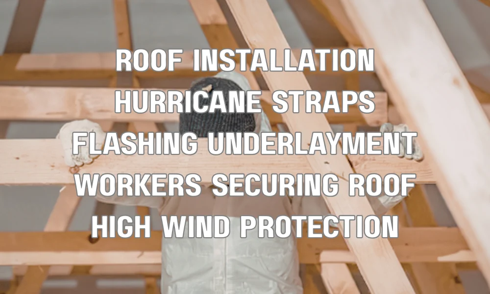 Roofers installing hurricane-resistant roofing with proper flashing, underlayment, and fasteners for high-wind protection