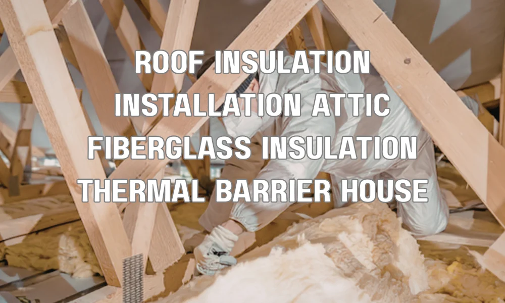 Attic roof insulation showing thermal barrier material improving energy efficiency and R-value performance