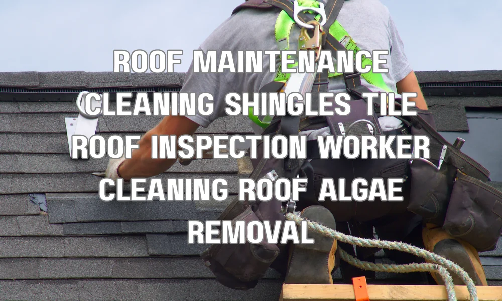 Worker performing roof maintenance by cleaning shingles and inspecting tiles for damage in Florida
