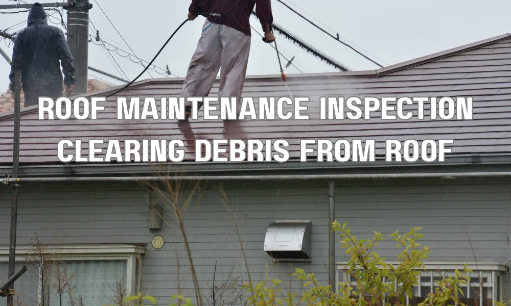 Roof maintenance inspection on a coastal home with worker clearing debris and checking shingles