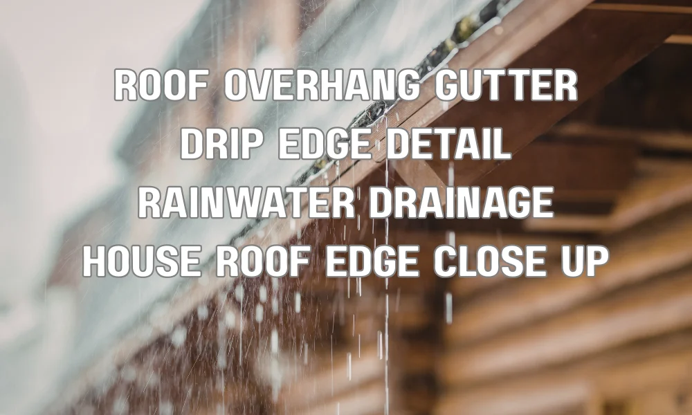Close-up of roof overhang with gutter and drip edge showing proper rainwater drainage system