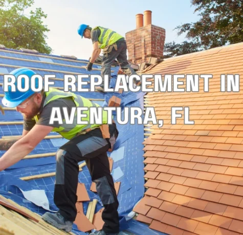 Contractors performing residential roof replacement on a home in Aventura, Florida