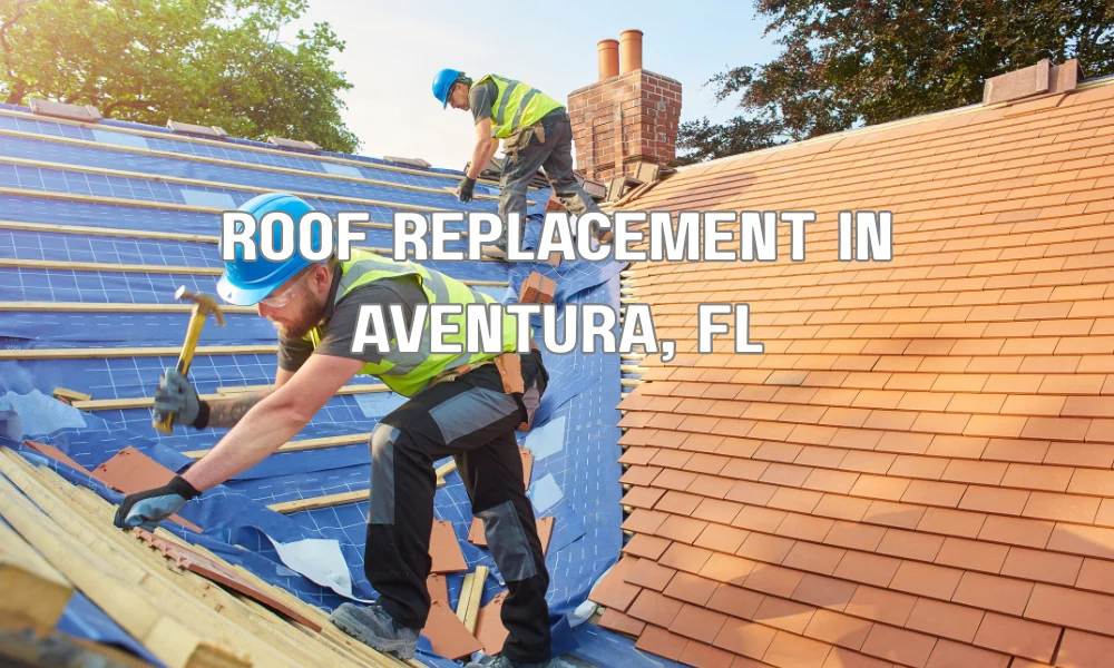 Contractors performing residential roof replacement on a home in Aventura, Florida