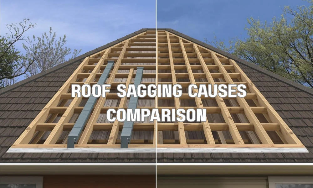 A two-part diagram illustrating the structural differences between roof sagging caused by poor construction (weak joints and inadequate materials) and roof sagging caused by the aging process (deteriorated wood and excessive weight load).