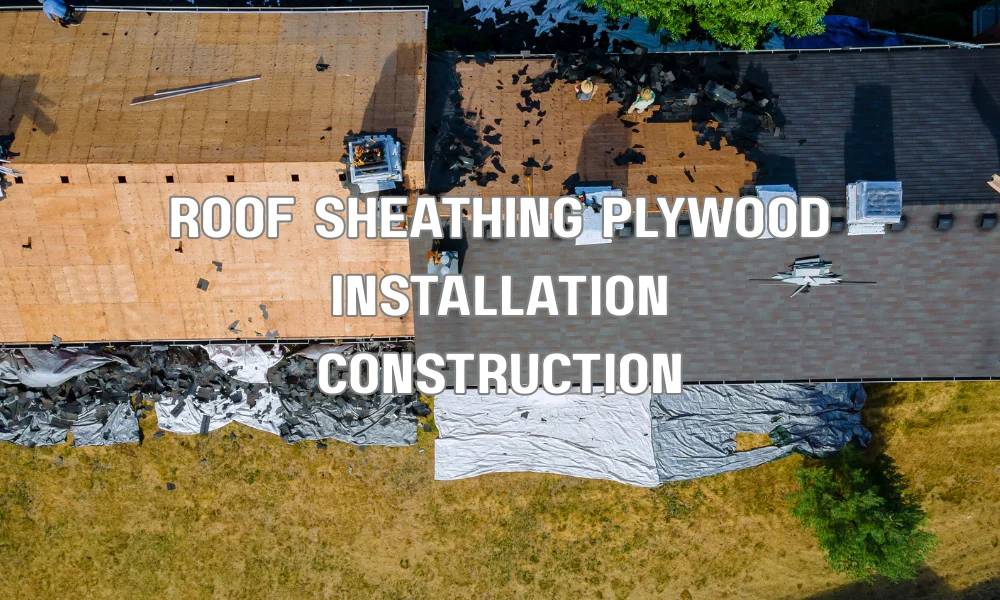 Contractors installing plywood roof sheathing panels designed for hurricane wind resistance