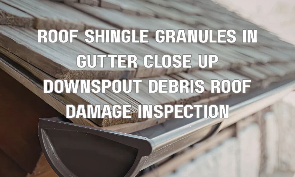 Close-up of roof shingle granules and debris collected in a gutter indicating wind damage