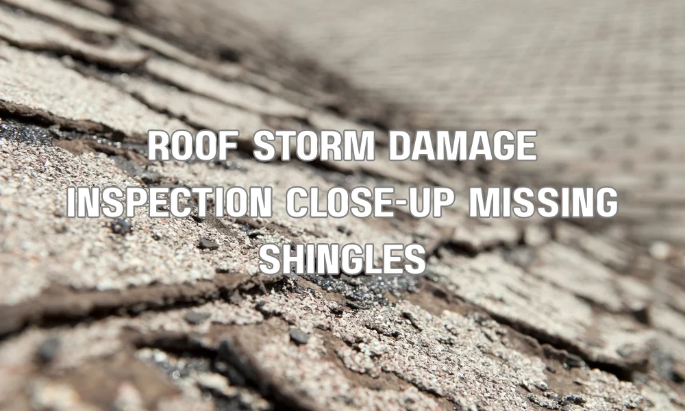 close-up of roof storm damage with missing shingles being documented for an insurance claim