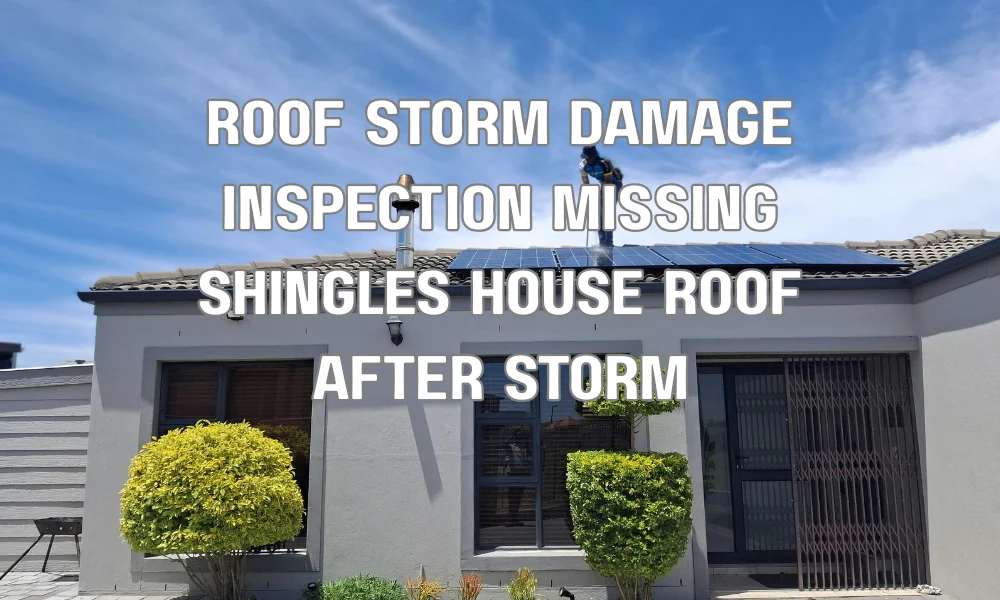 Storm-damaged roof with missing shingles being inspected for potential repair needs