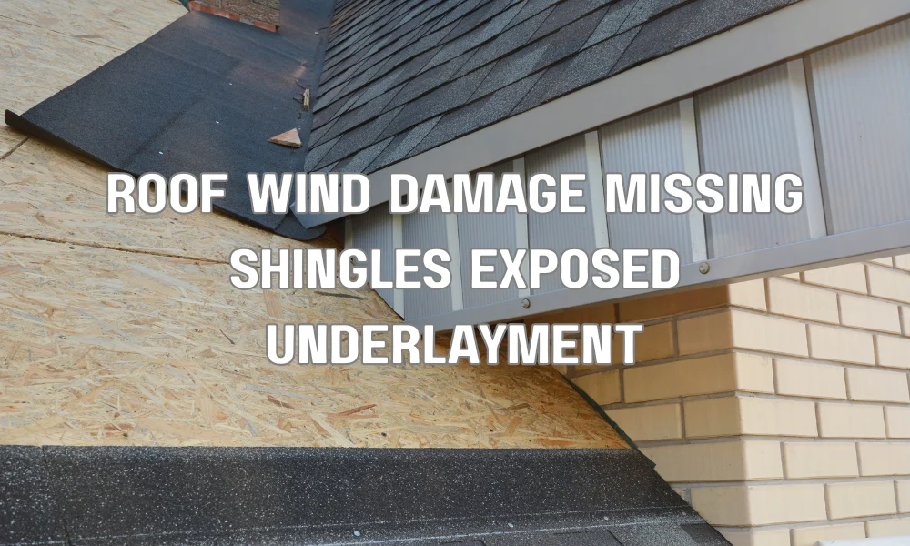 Wind-damaged roof with missing and lifted shingles exposing underlayment