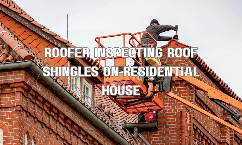 Roofing contractor inspecting roof shingles on a residential home while evaluating durable roofing materials