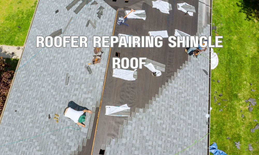Professional roofer repairing damaged shingles on a residential roof in Lauderhill, Florida