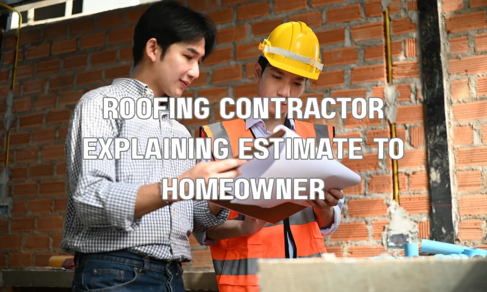 Homeowner reviewing roof repair estimate and contract with roofing contractor before starting project