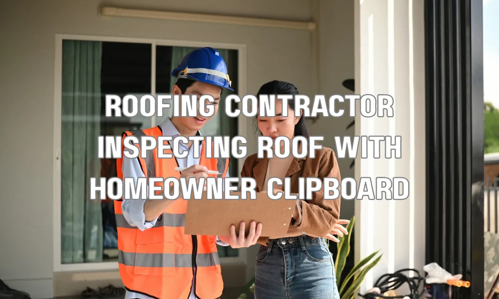 Licensed roofing contractor inspecting a residential roof with a homeowner while discussing a roofing proposal in coastal South Florida.