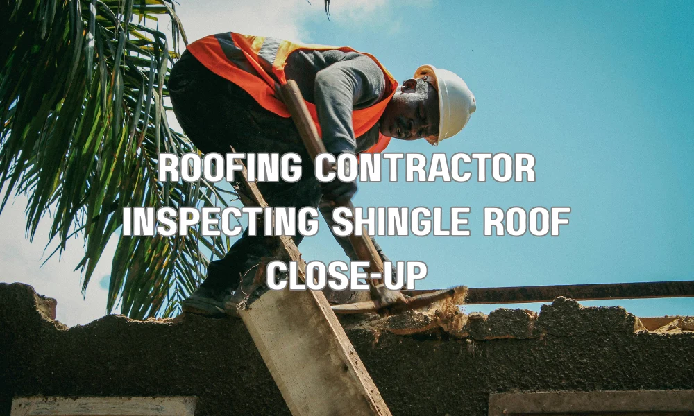 Roofing contractor inspecting impact-resistant asphalt shingles on a residential roof