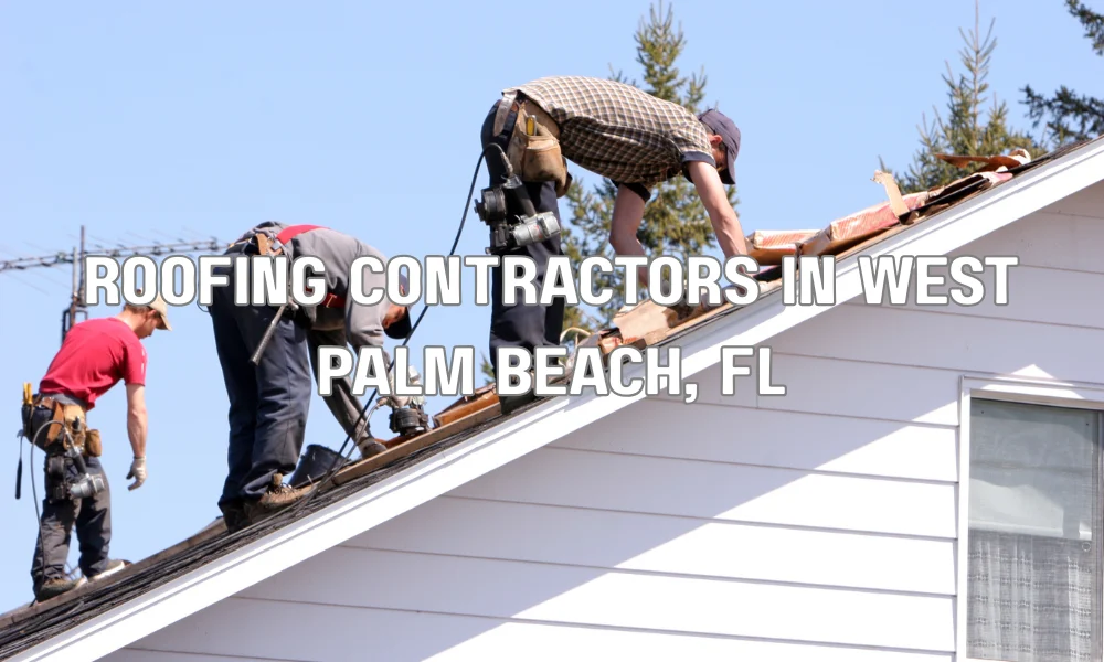 Roofing contractors working on a residential roof in West Palm Beach Florida
