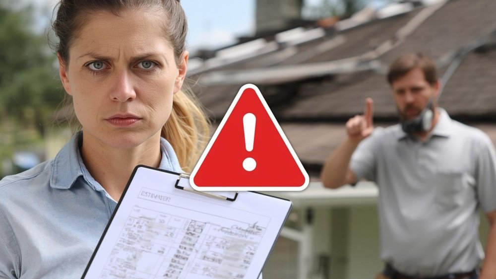 A homeowner looks skeptically at a blurry, handwritten contractor estimate on a clipboard. In the background, a contractor with an unofficial polo shirt points urgently toward a messy roof, while a red warning icon overlay highlights the incomplete document.