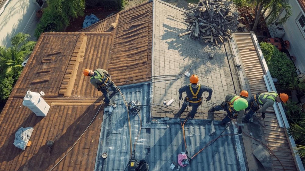 A high-angle photo of a professional roofing crew working on a South Florida residential roof. The image shows distinct work zones: a clean tear-off area, new ice and water shield installation, and workers wearing proper safety harnesses, with a neat pile of debris waiting for removal in the background.