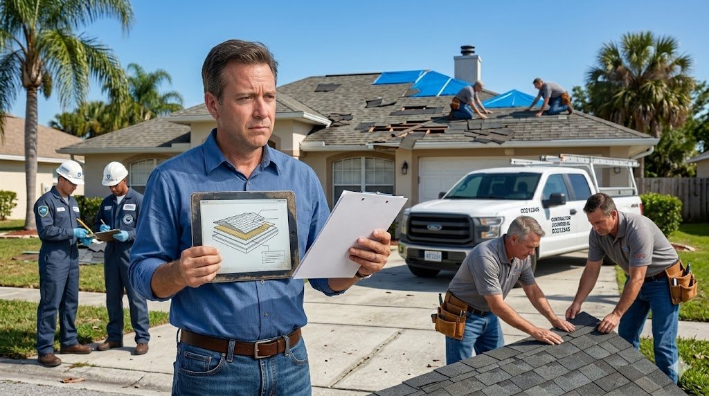 A homeowner holding a tablet showing a technical roofing material diagram while a professional roofing crew performs a precise installation in the background, representing the difference between manufacturer and workmanship warranties.