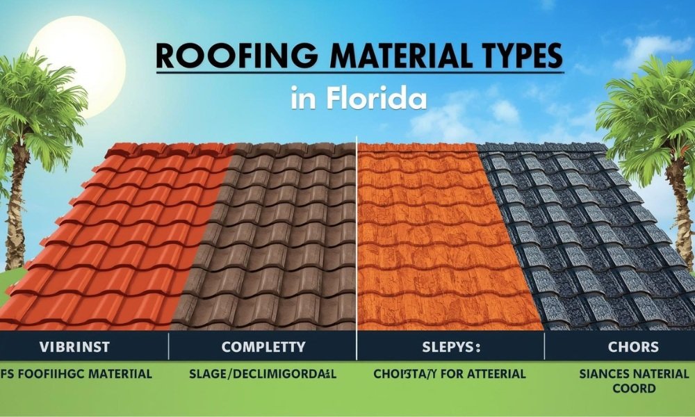 A comparison visual graphic illustrating four common roofing material types in Florida and the associated varying repair complexity. Image Generation Prompt