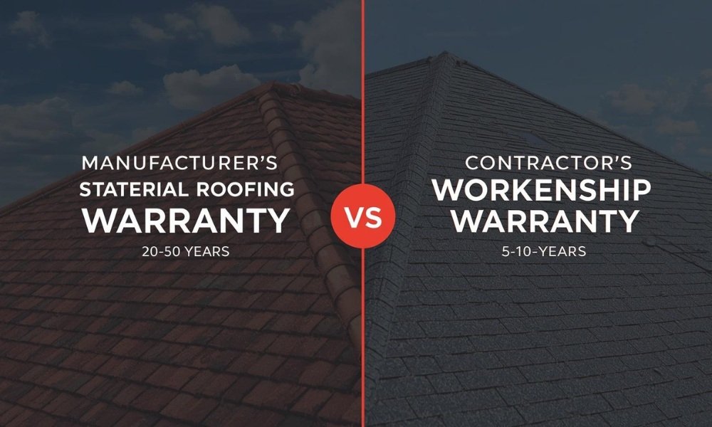 A stylized infographic contrasting the two main types of roofing warranties: a Manufacturer's Material Warranty (20-50 years) and a Contractor's Workmanship Warranty (5-10 years), shown alongside high-quality roofing materials in Florida.