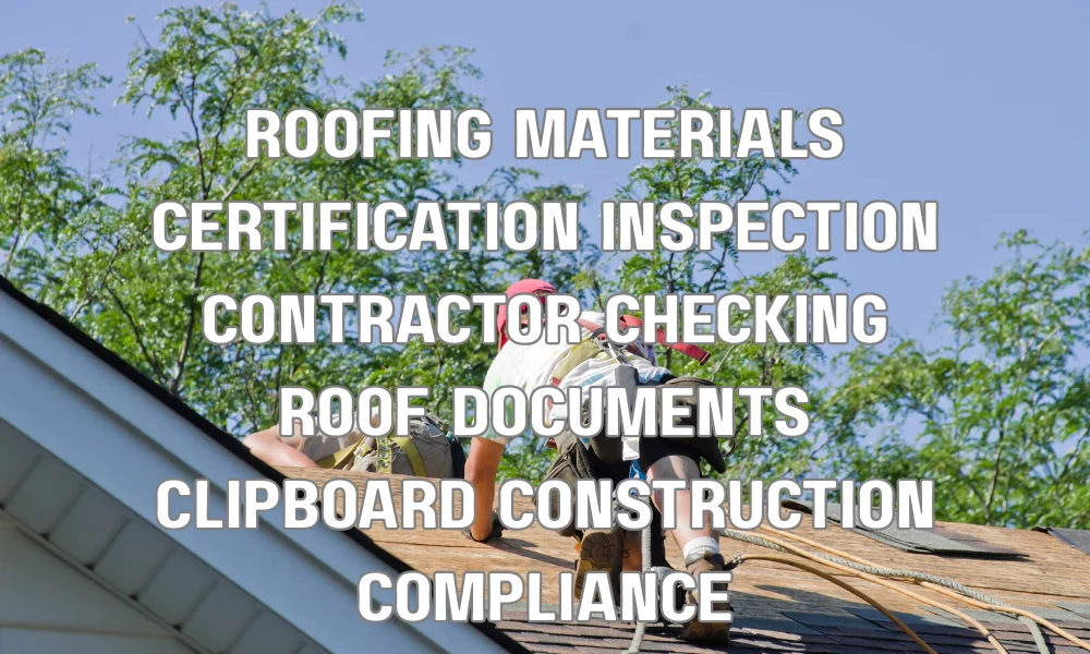 Contractor inspecting roofing materials and certification documents for Florida building code compliance