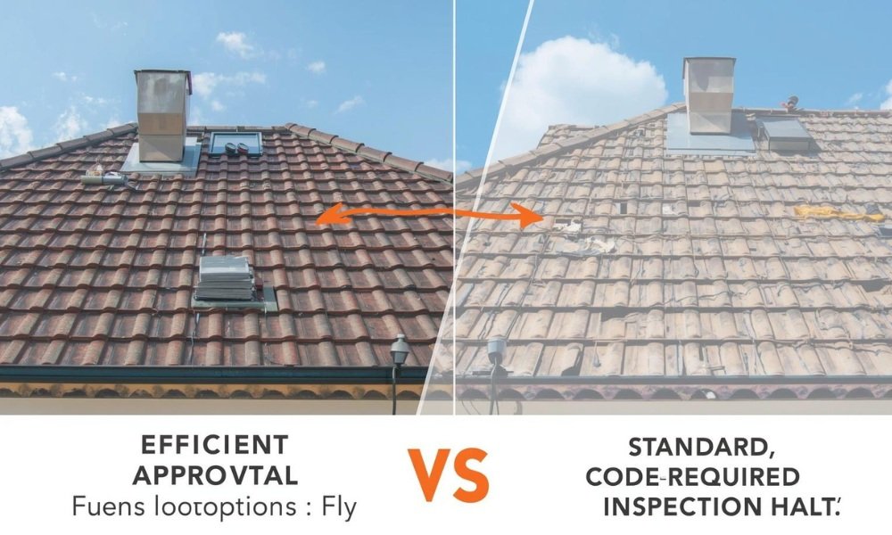 A comparison visual graphic illustrating two contrasting outcomes of the local permitting and inspection process on a Florida roofing project: one side showing efficient approval and the other showing a standard, code-required inspection halt.