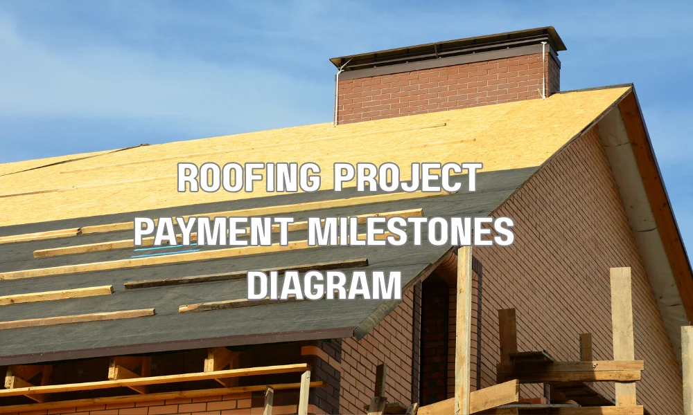 A diagram illustrating a structured payment schedule for a roofing project, showing an initial deposit, progress payments for material delivery, roof removal, decking installation, and a final payment upon completion.