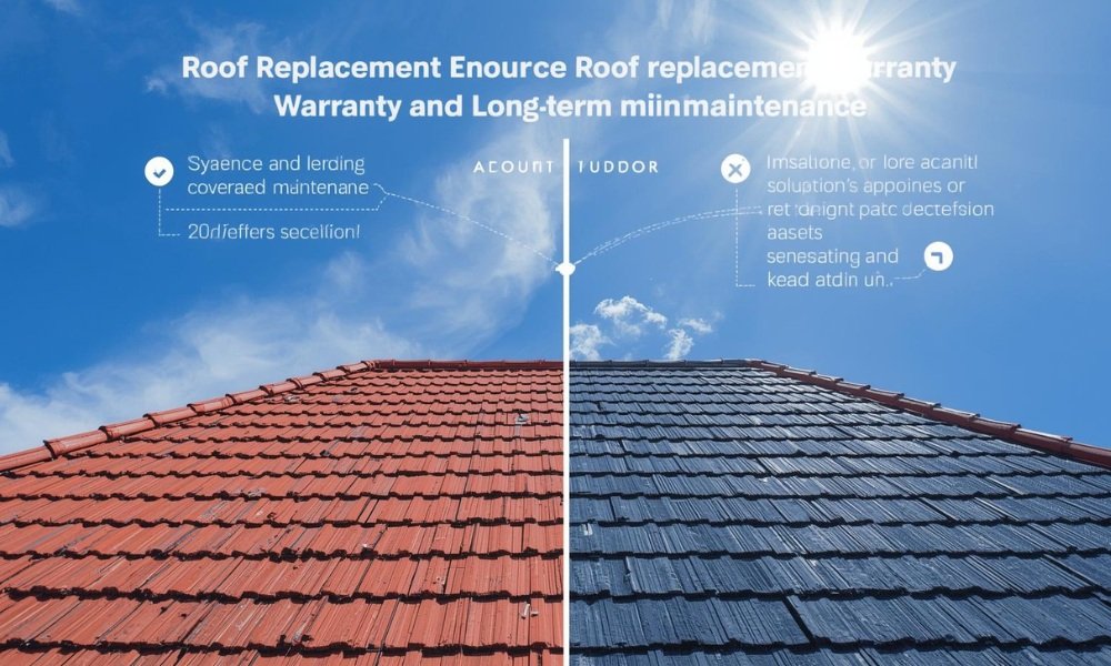 A comparison visualization graphic illustrating the relationship between a roof replacement warranty and long-term maintenance in South Florida, highlighting different levels of coverage and ongoing upkeep under bright sun.