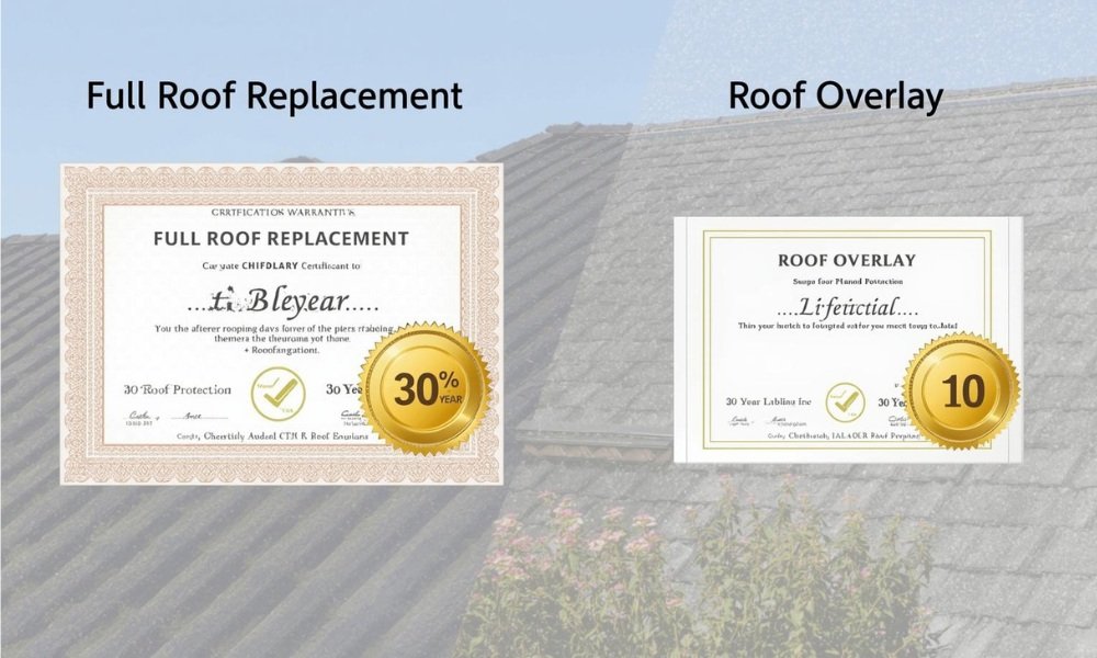 A stylized comparison graphic showing two warranty certificates: a large, gold-stamped certificate for "Full Roof Replacement" with 30-year protection, and a smaller, plain certificate for "Roof Overlay" with 10-year limited protection, both displayed over images of their respective roofing methods.