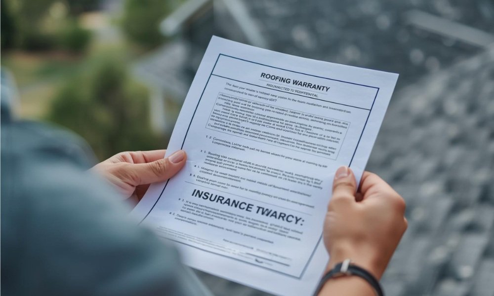 A homeowner reviews a roofing warranty certificate and an insurance policy document, symbolizing security and financial savings from a new, compliant roof installation.