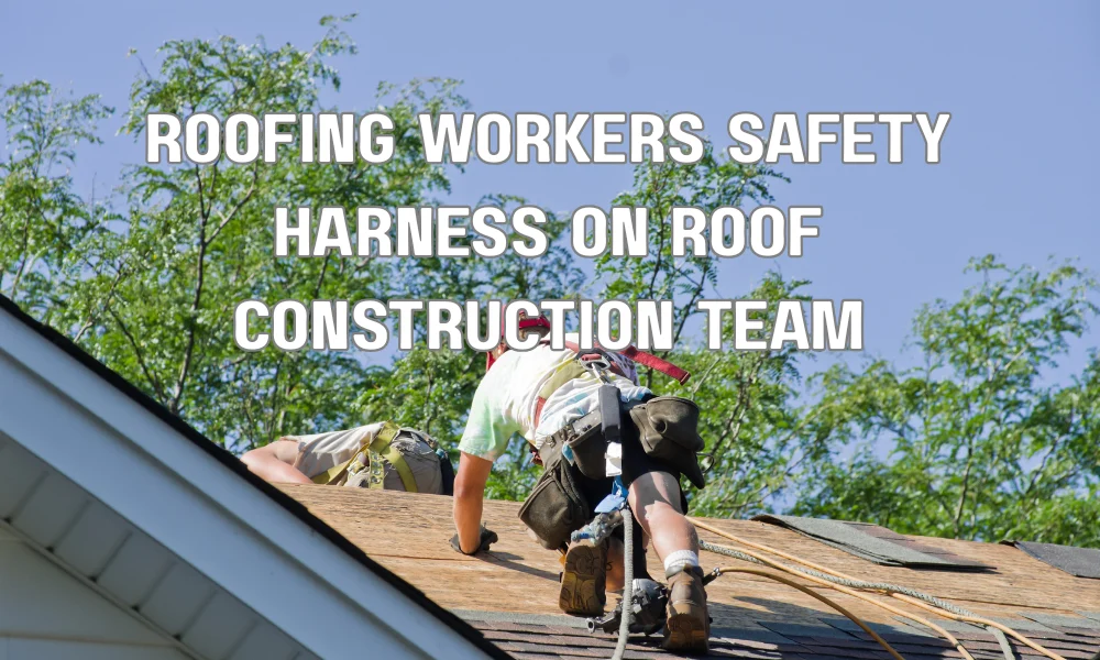 Roofing contractors working on a roof using safety harnesses illustrating workers compensation insurance protection for roofing employees