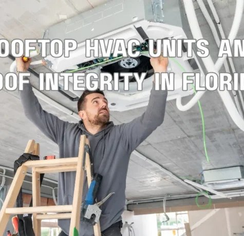 Rooftop HVAC unit installed on a Florida home roof with technician inspecting system and roof condition